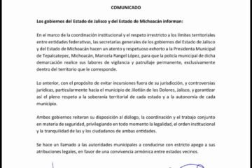 Gobiernos de Michoacán y Jalisco piden a alcaldesa de Tepalcatepec acatar disposiciones en materia de seguridad