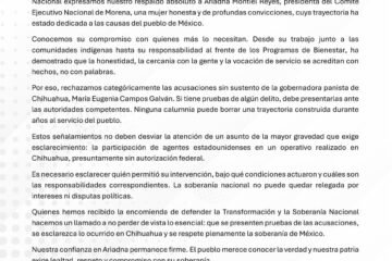 Carlos Torres Piña, coordinador de la defensa de la Cuarta Transformación y la Soberanía Nacional en Michoacán, comparte el respaldo hacia la presidenta nacional de Morena Ariadna Montiel